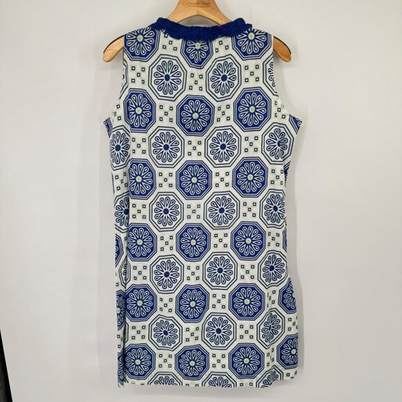 Tracy Negoshian Blue White Sleeveless dress cotton Ruffle Neckline size large - Picture 10 of 11